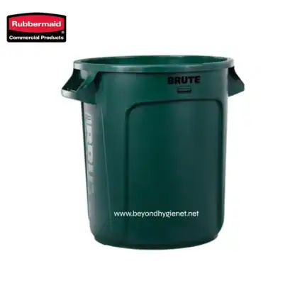 Rubbermaid commercial trash bin, durable green waste container for commercial cleaning and sanitation purposes.