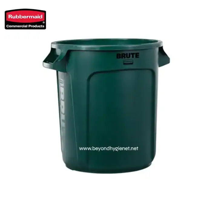 Rubbermaid commercial trash bin, durable green waste container for commercial cleaning and sanitation purposes.