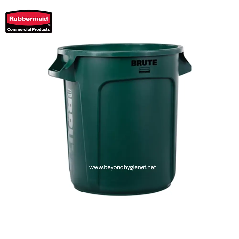 1 Rubbermaid commercial trash bin, durable green waste container for commercial cleaning and sanitation purposes.