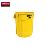 Rubbermaid yellow trash bin, large commercial waste container for industrial cleaning and sanitation, durable plastic garbage can for office, warehouse, and outdoor use.