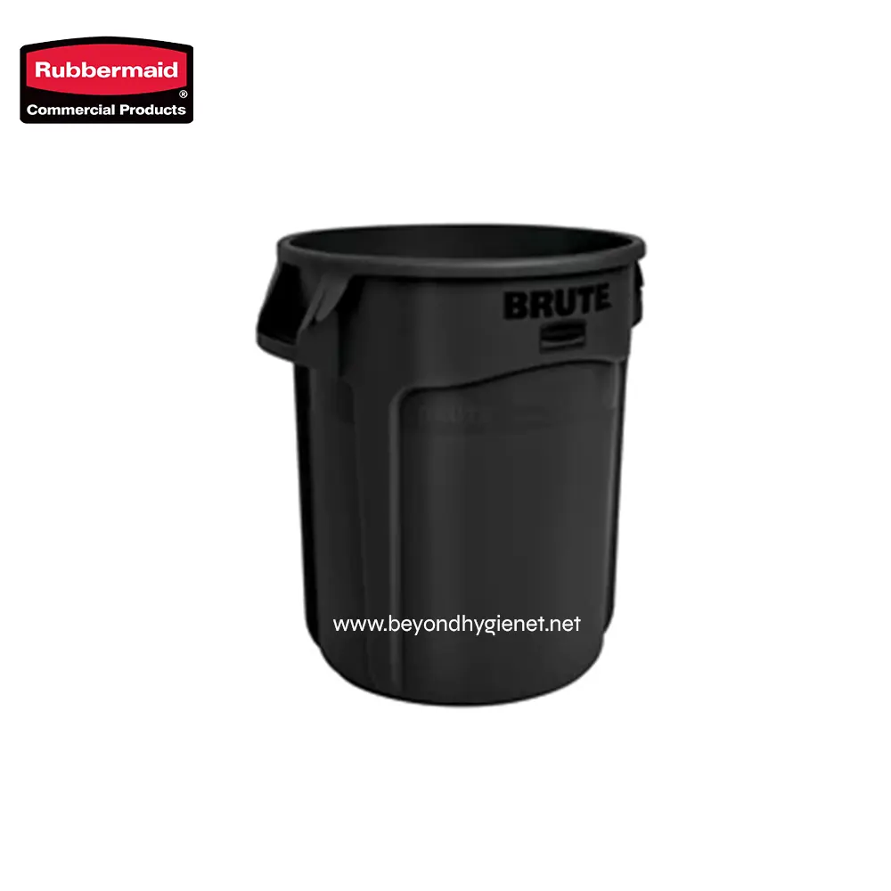 1 Rubbermaid black trash bin, commercial plastic waste container, durable waste receptacle for office or industrial use, suitable for sanitation and hygiene needs, image for Beyond Hygiene Asia.