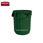 Rubbermaid commercial trash bin for waste management in hygiene-focused environments, durable and weather-resistant.