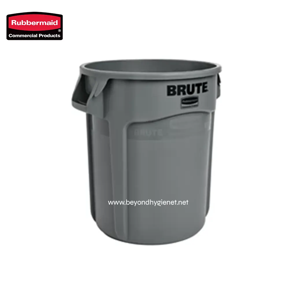 1 Rubbermaid Brute trash bin, heavy-duty waste container for industrial and commercial use, durable gray waste receptacle for hygiene and sanitation solutions at Beyond Hygiene Asia.