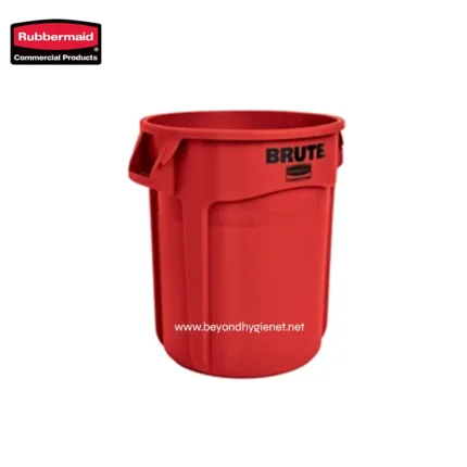 Rubbermaid Brute trash bin, durable commercial waste container for industrial and office recycling and trash disposal, red color, heavy-duty sanitation product.