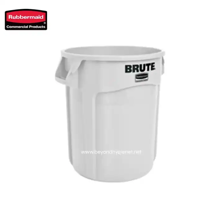 Rubbermaid Brute commercial trash bin for waste collection, durable and easy to clean, ideal for industrial and janitorial cleaning in Asian facilities.