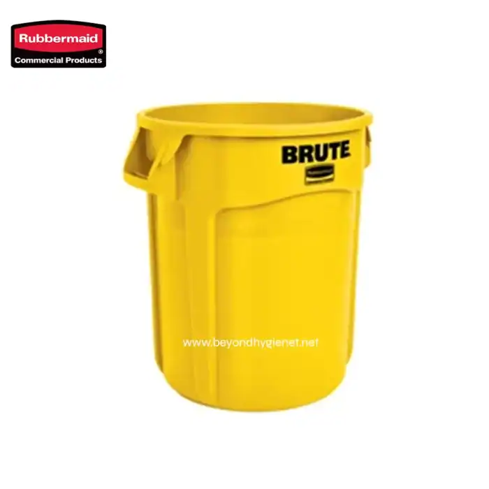 Rubbermaid yellow trash bin for waste disposal, durable commercial waste container, ideal for hygiene and sanitation in public or industrial settings.
