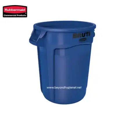 Rubbermaid blue trash bin for waste management.