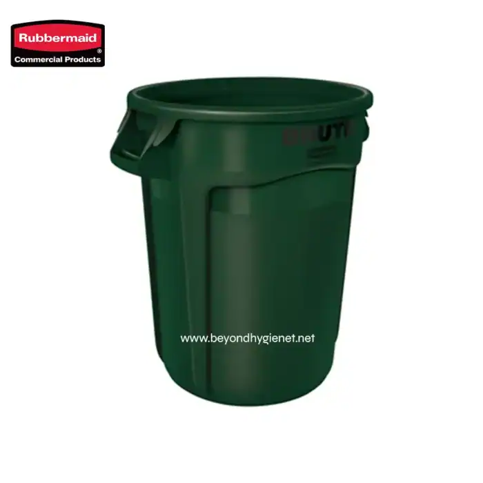 Rubbermaid commercial trash bin, green waste trash can for commercial use, durable garbage container for public spaces, heavy-duty waste management solution, Beyond Hygiene Asia sanitary product supplier.