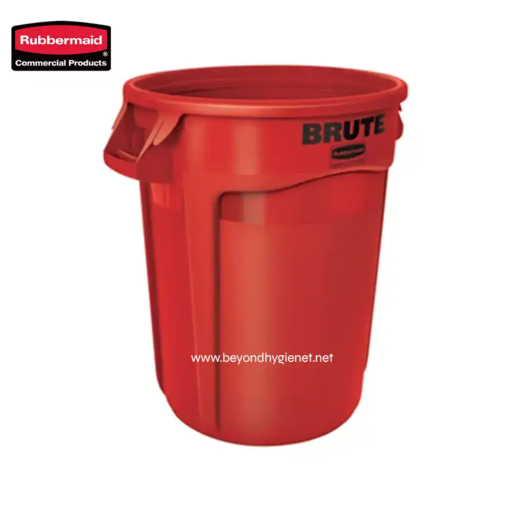 1 Rubbermaid Brute waste bin, durable large trash can for commercial cleaning and waste management, red plastic container with lid, ideal for janitorial and hygiene needs.
