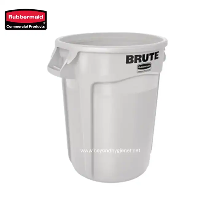 Rubbermaid Brute Plastic Waste Bin, Durable Commercial Trash Container for Janitorial Cleaning, 44-Gallon Capacity, White - Perfect for Commercial Hygiene and Waste Management in Asian Markets.