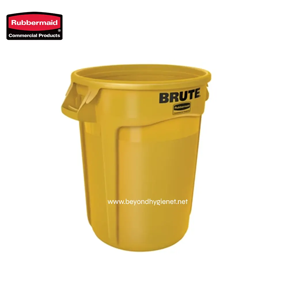 1 Rubbermaid Brute yellow trash bin, durable commercial waste container for sanitation and waste management solutions.