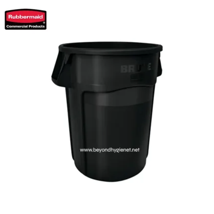 Rubbermaid black utility trash bin for commercial hygiene and waste management solutions.