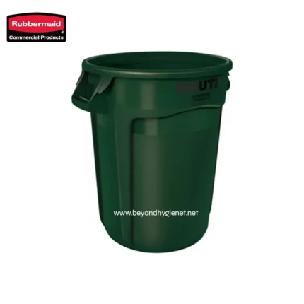 Rubbermaid commercial waste bin for industrial and outdoor use, green color, durable plastic construction, perfect for sanitation and trash disposal solutions in businesses.