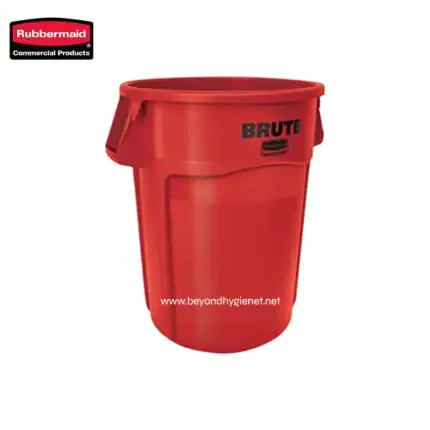 Rubbermaid commercial waste bin, bright red color, durable plastic trash container for commercial cleaning and sanitation.