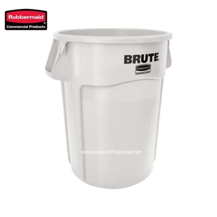 Rubbermaid commercial trash can, durable waste bin, large capacity garbage container for industrial and hospitality use, white color, sleek design.