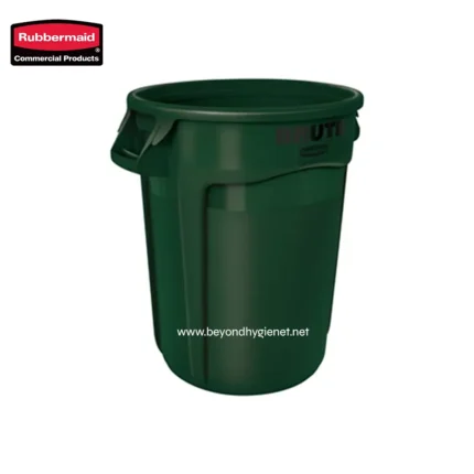 Rubbermaid green waste bin for commercial waste disposal, durable and large capacity for public hygiene and sanitation.