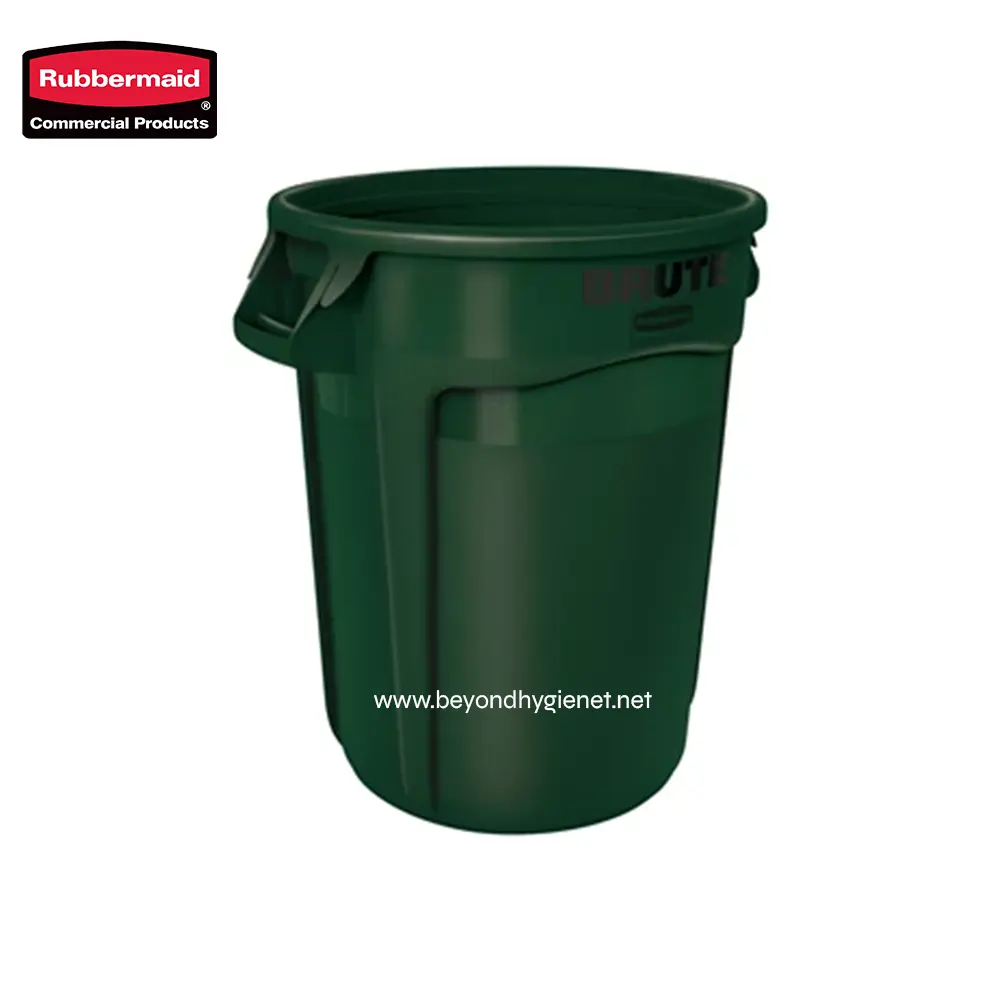 Rubbermaid green waste bin for commercial waste disposal, durable and large capacity for public hygiene and sanitation.