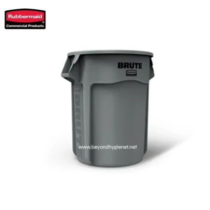 Rubbermaid Brute trash bin for commercial cleaning and waste management, durable gray waste container with secure lid.