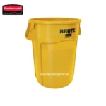 Rubbermaid commercial yellow trash bin for sanitation and waste disposal.