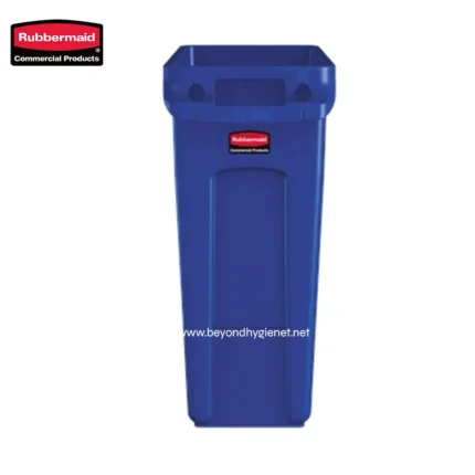 Rubbermaid blue recycling waste bin for commercial hygiene and waste management.