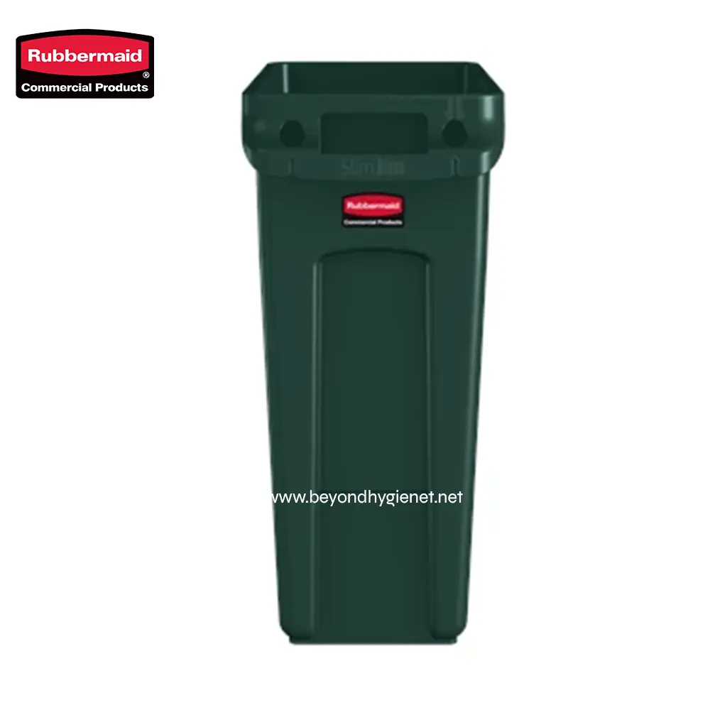 1 Rubbermaid commercial recycling bin for waste management and sanitation in public and commercial spaces.