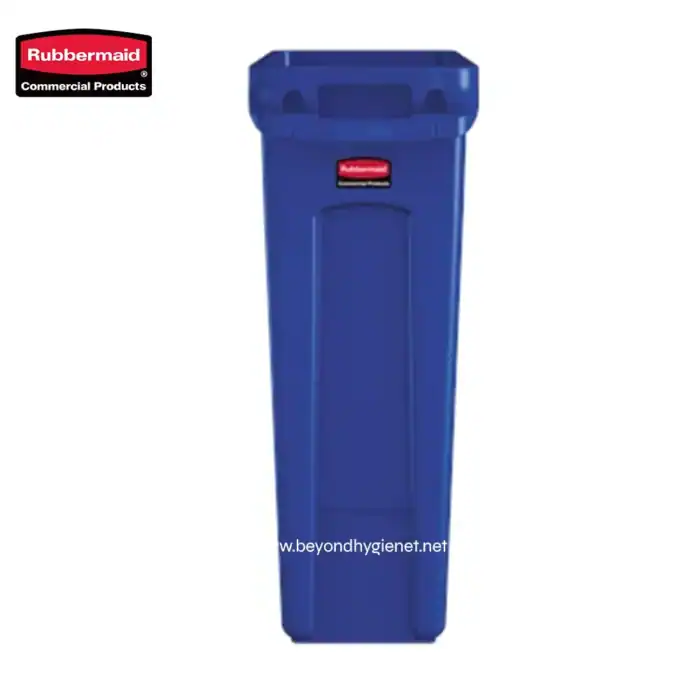 Rubbermaid blue office or commercial trash bin, ideal for hygiene and waste management in Asian workplaces and public spaces.