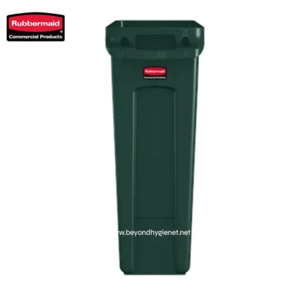 Rubbermaid commercial plastic outdoor trash bin for waste disposal and hygiene maintenance.
