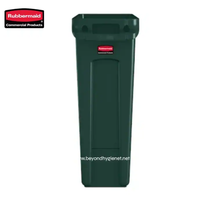 Rubbermaid commercial plastic outdoor trash bin for waste disposal and hygiene maintenance.