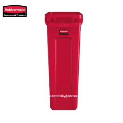 Rubbermaid red outdoor trash bin, ideal for commercial waste disposal, durable plastic construction, and hygienic sanitation solution for public spaces and businesses.