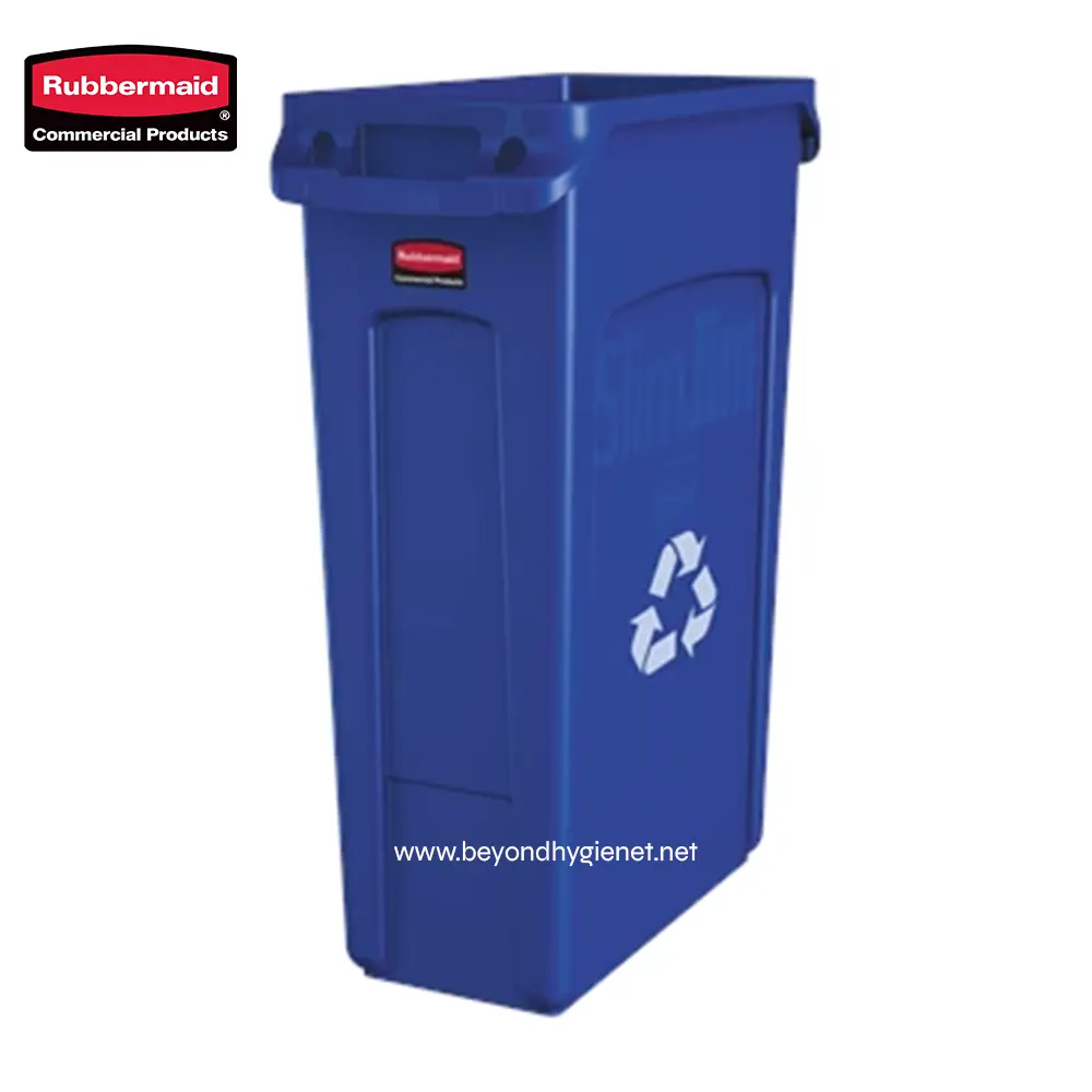 1 Recycling bin for waste management - Blue Rubbermaid trash container promoting cleanliness and environmental sustainability. Ideal for commercial hygiene and waste disposal solutions.
