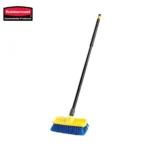 Rubbermaid industrial push broom with yellow handle and blue bristles for commercial cleaning and hygiene maintenance in Asian markets.