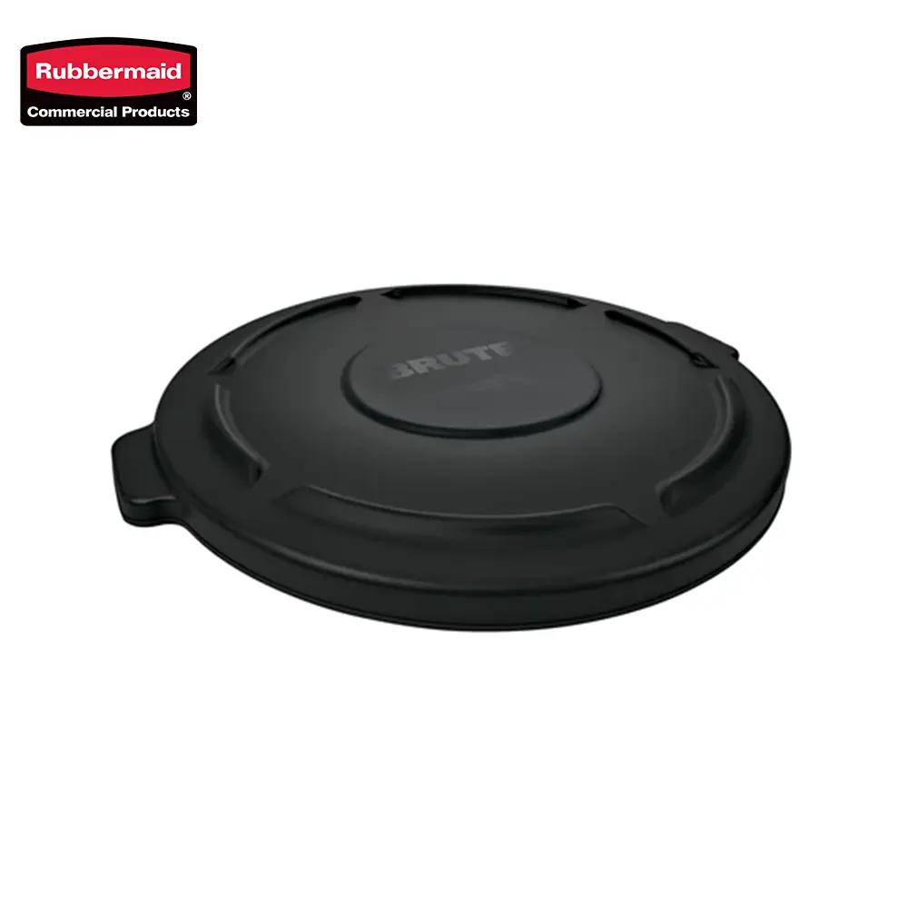 1 Rubbermaid commercial product lid for waste disposal or recycling bins. Durable, black plastic cover designed for hygiene and convenience in commercial settings.