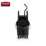 Rubbermaid commercial cleaning cart with mop bucket and wringer, essential for janitorial and custodial service, durable and mobile cleaning equipment, ideal for professional sanitation needs.