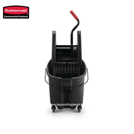 Rubbermaid commercial cleaning cart with mop bucket and wringer, essential for janitorial and custodial service, durable and mobile cleaning equipment, ideal for professional sanitation needs.