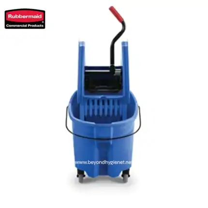 Blue commercial mop bucket with wringer and wheels, ideal for professional cleaning services. Designed for efficient sanitation, hygiene, and janitorial maintenance in Asia.