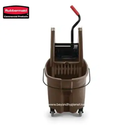 Rubbermaid commercial cleaning cart with mop bucket, wringer, and wheels for janitorial services, office cleaning, and hygiene maintenance.