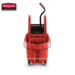 Rubbermaid commercial cleaning cart with mop bucket and wringer, ideal for janitorial and sanitation services.