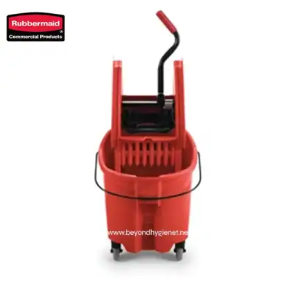 Rubbermaid commercial cleaning cart with mop bucket and wringer, ideal for janitorial and sanitation services.