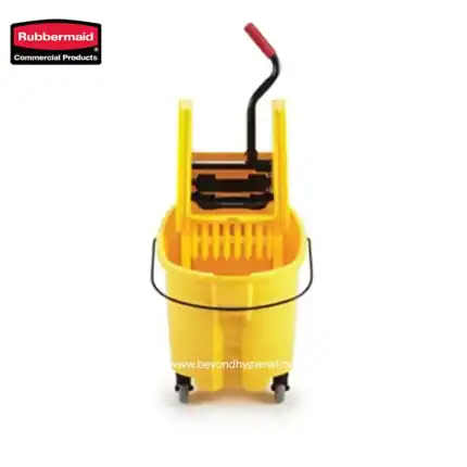 Rubbermaid janitorial cart with mop bucket and cleaning tools for commercial hygiene and sanitation.