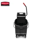 Rubbermaid commercial cleaning cart with mop bucket and wringer for efficient janitorial sanitation routines.