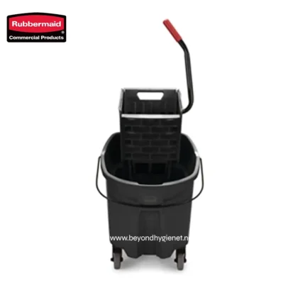 Rubbermaid commercial cleaning cart with mop bucket and wringer for efficient janitorial sanitation routines.