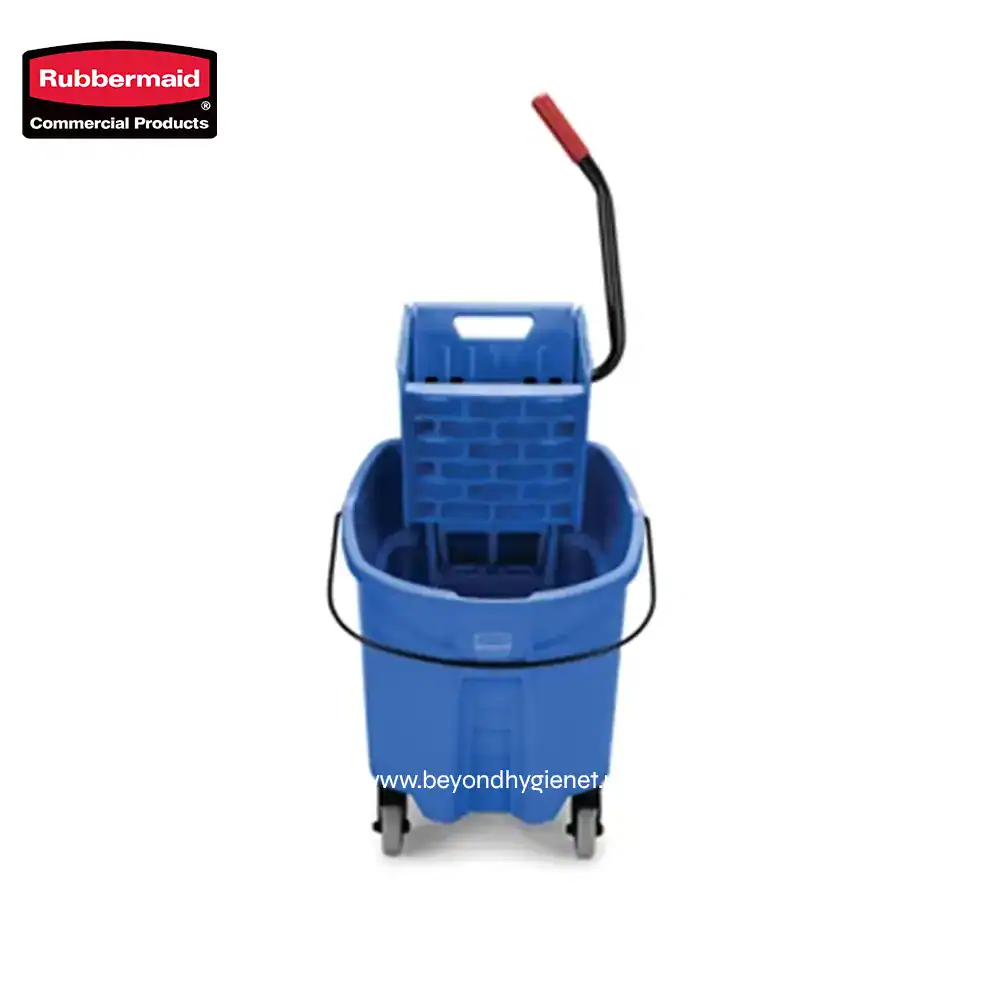 Blue cleaning mop bucket with wringer and wheels for commercial cleaning services.