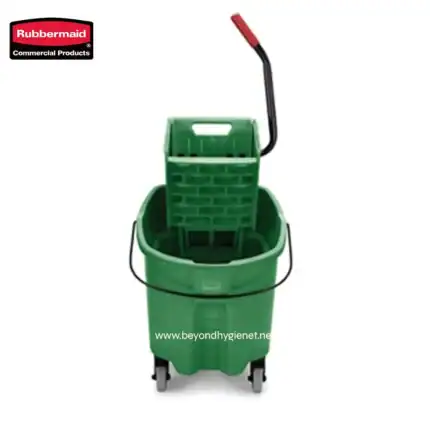Green commercial cleaning mop bucket with wringer and wheels for efficient janitorial service at Beyond Hygiene Asia.