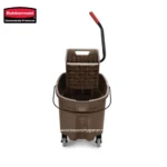 Rubbermaid commercial cleaning cart with mop bucket and wringer, suitable for janitorial and sanitation services.