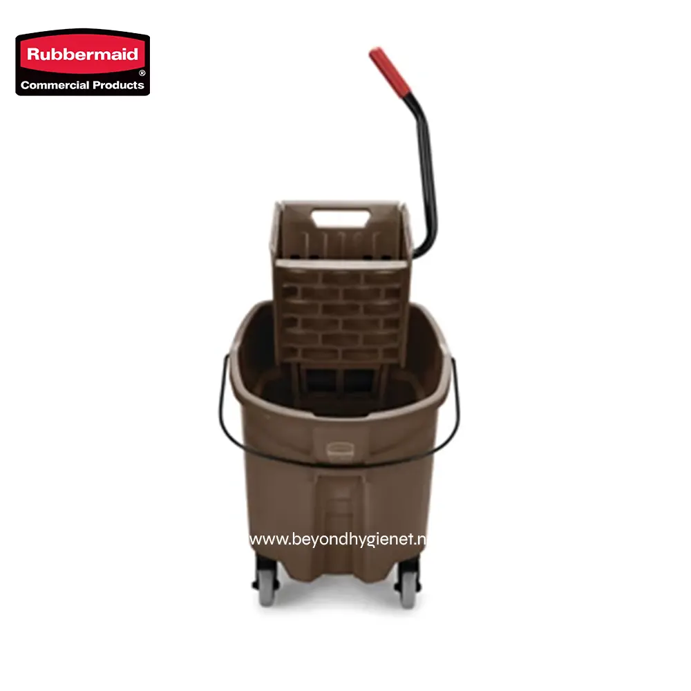 Rubbermaid commercial cleaning cart with mop bucket and wringer, suitable for janitorial and sanitation services.