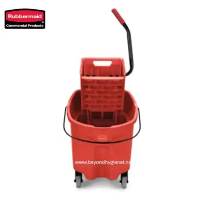 Rubbermaid commercial mop bucket with wringer, red heavy-duty cleaning wastewater containment and transport for industrial and janitorial cleaning needs.