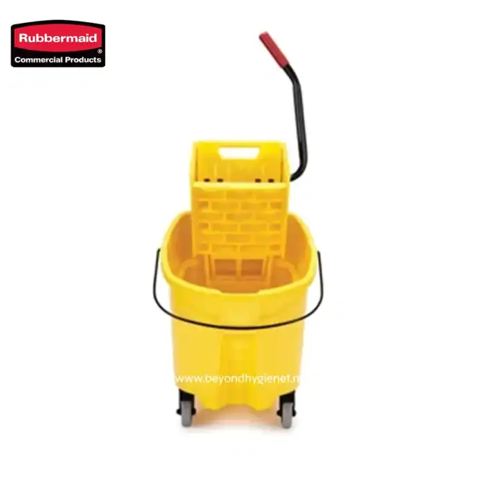 Rubbermaid commercial mop bucket with wringer, yellow, on wheels for efficient janitorial cleaning and floor maintenance.