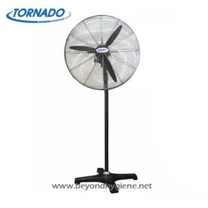 Industrial safety fan for hygiene and cleanliness, ideal for commercial and industrial spaces, with durable blades and adjustable height.