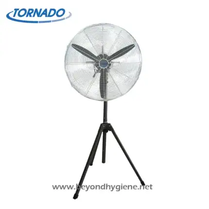 Tornado industrial stand fan for commercial and industrial cooling, ideal for hygiene and sanitation facilities, ensuring effective airflow in hygiene environments.