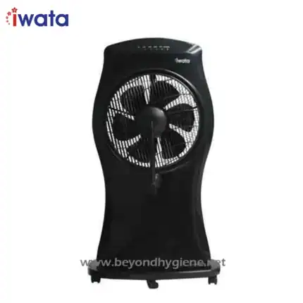 Portable black tower fan by Iwata, ideal for cooling and air circulation in commercial and industrial hygiene settings.